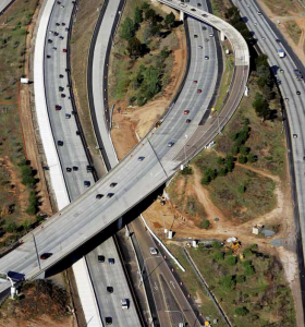 Aerial view of a freeway with cars on it