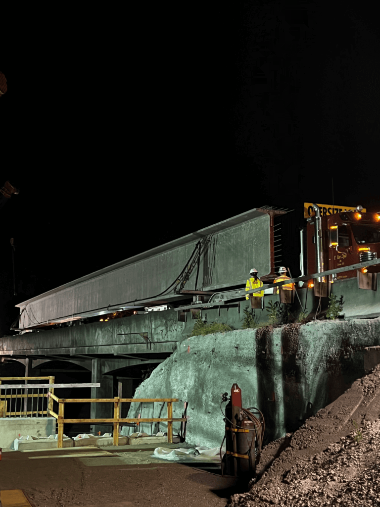 Night operations to place the first girders at May Creek