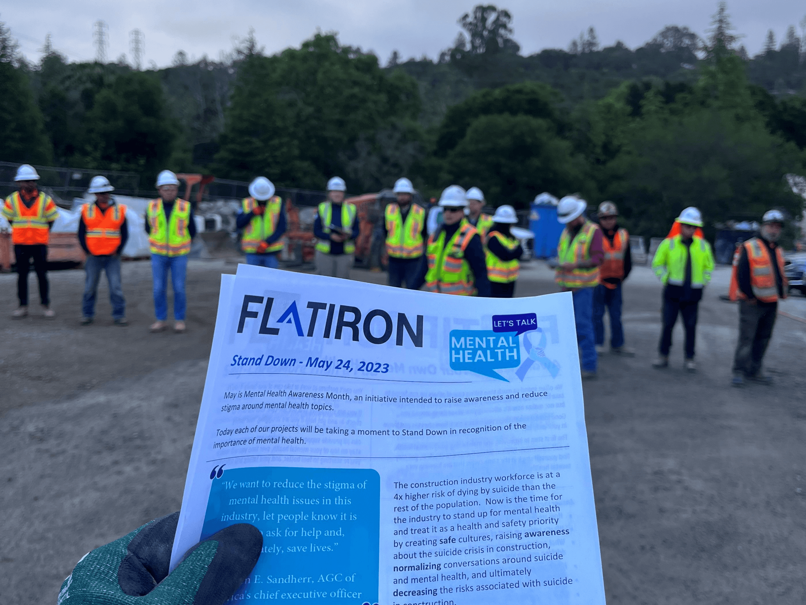 Flatiron held stand downs in May in recognition of mental health, especially in the construction industry. This is an image of one of the stand downs.